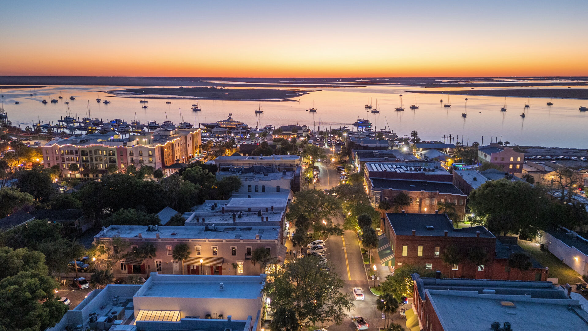 Historic coastal town at twilight overlooking the waterfront — the Golden Isles of Georgia